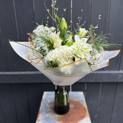 CELEBRATE NURSES -White and green european hand tied bouquet without vase