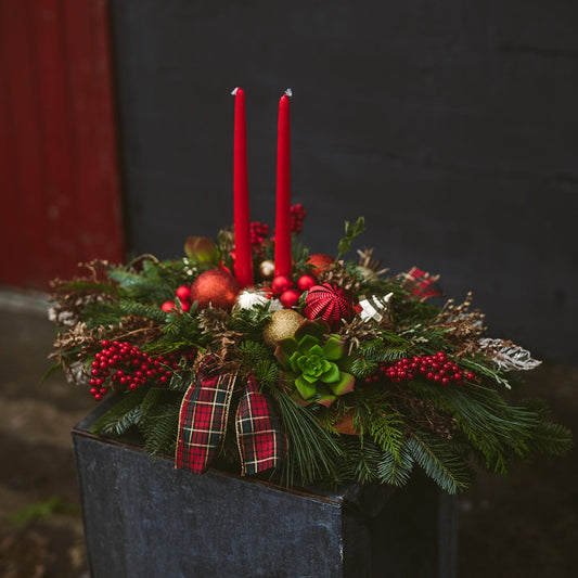 2 Red Candle Christmas Centrepiece - Dining or Mantle